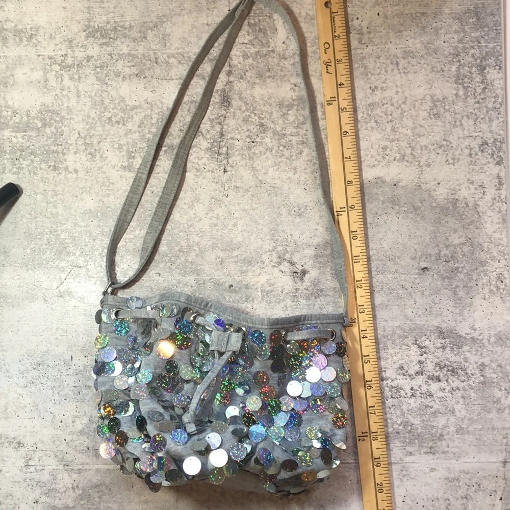 Justice Girls Heather Gray w Silver Sequin Hobo Bag Purse Lined Adjustable Strap